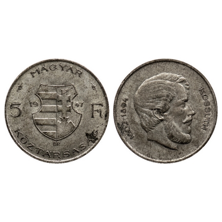 Hungary, Silver (0.5000 silver) 5 Forint, 11.90gm, 1947, Lajos Kossuth, Obv: Arms of the r