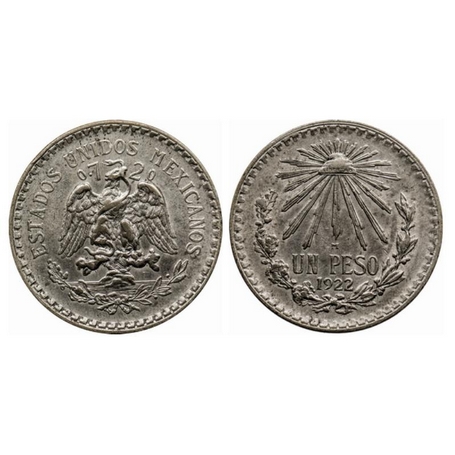 Mexico, Silver (0.7200 silver) Pesos, 16.53gm, 1922, Obv: National Arms eagle left, Rev: v