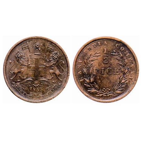 Victoria Queen, EIC Issue, Copper, ½ Pice, 1853 Calcutta Mint, B/I, Elongated beads. GK 23