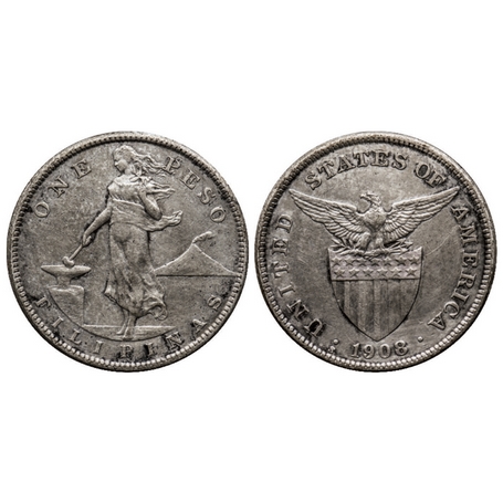 Philippines, Silver (0.8000 silver) Pesos, 19.92gm, 1908, Obv: Female standing besides ham