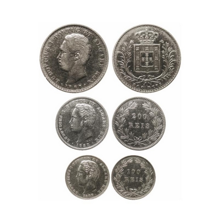 Portugal, Silver Set of 3 Coins (0.917 silver), Luiz I, 500 Reis/ 1887, 200 Reis/ 1887, 10