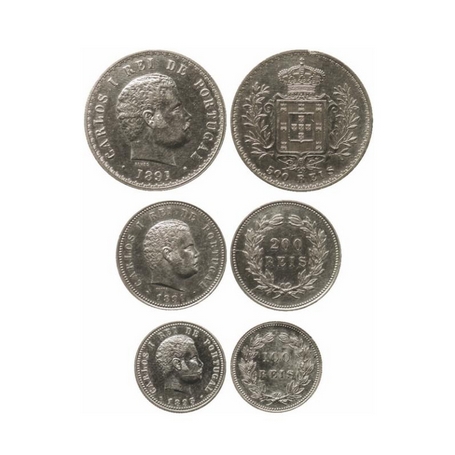 Portugal, Silver Set of 3 Coins (0.917 silver), Carlos I, 500 Reis/ 1891, 200 Reis/ 1891, 