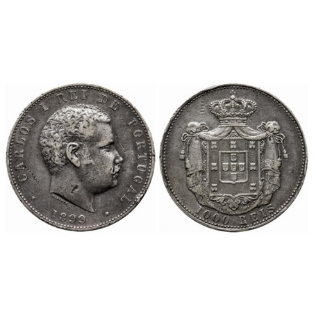 Portugal, Silver (0.917 silver) 1000 Reis, 24.74gm, 1899, Carlos I, Obv: Portrait of King,