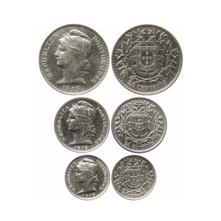 Portugal Republic, Silver Set of 3 Coins (0.0.8350 silver), 50 centavos/ 1913, 20 centavos