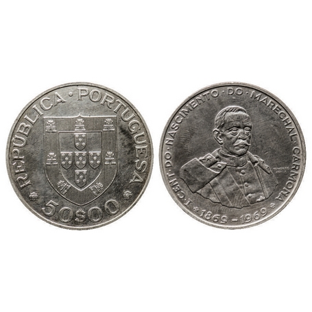 Portugal, Silver (0.650 silver), 50 Escudo, 18.00gm, 100th Anniversary- birth of Marechal 