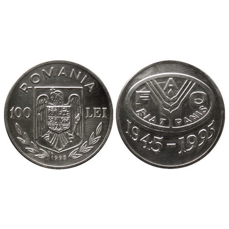 Romania, Silver (0.9250 silver), 100 Lei Proof, 27.45gm, F.A.O. 1995, Obv: Shield flanked 