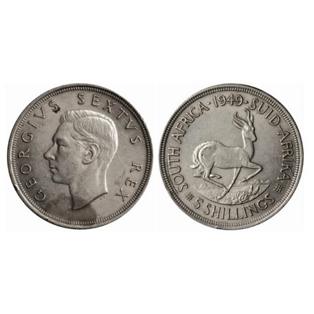 South Africa, Silver (0.800 silver) 5 Shillings, 28.28gm, 1949 AD, Obv: Bust of George VI 