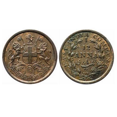 Victoria Queen, EIC Issue, Copper, 1/12 Anna, 1848, Calcutta Mint, 23 Berries (13L + 10R),