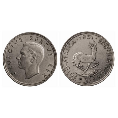 South Africa, Silver (0.500 silver) 5 Shillings, 28.28gm, 1951 AD, Obv: Bust of George VI 
