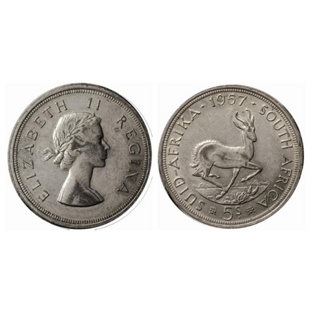 South Africa, Silver (0.500 silver) 5 Shillings, 28.28gm, 1957 AD, Obv: Bust of Elizabeth 