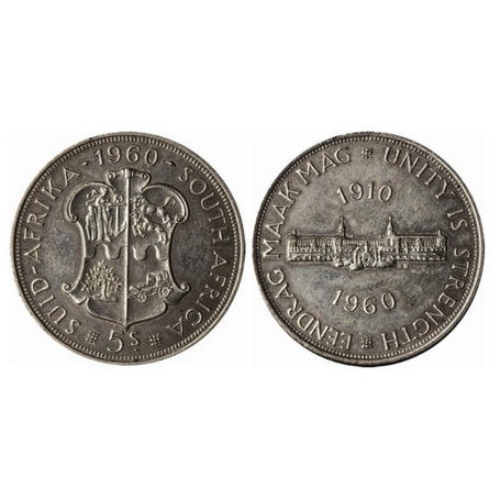 South Africa, Silver (0.500 silver) 5 Shillings, 28.28gm, 1960 AD, Elizabeth II, 50th Anni
