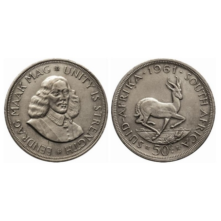 South Africa, Silver (0.500 silver) 5 Cent, 28.28gm, 1961 AD, Obv: Springbok. Rev: Bust of