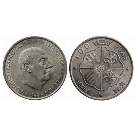 Spain, Silver (0.8000 silver) 100 Pesatas (later Restike), 19.00gm, 1966, Caudilo and rege