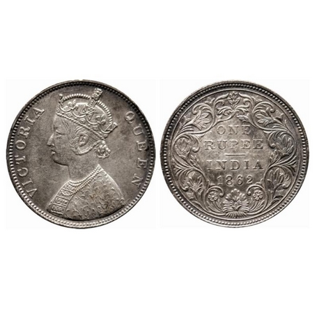 Victoria Queen, Silver, Rupee, 1862, Calcutta Mint, B/II. GK 241. Toned, Extremely Fine+, 