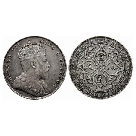 Straits Settelment, Silver (0.900 silver) Dollar, 26.85gm, 1907, Ruler Edward VII, Obv: Cr