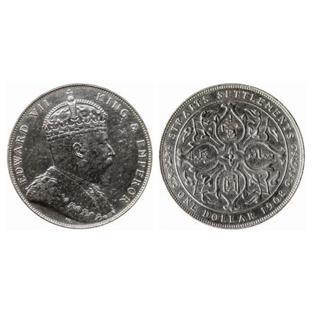 Straits Settelment, Silver (0.650 silver), Dollar, 20.11gm, Ruler Edward VII, 1908, Obv: C