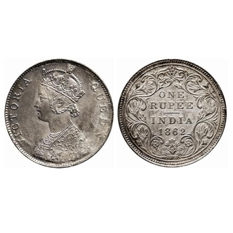 Victoria Queen, Silver, Rupee, 1862, Calcutta Mint, B/II, Ghost on Obv. GK 241. Toned, Ext