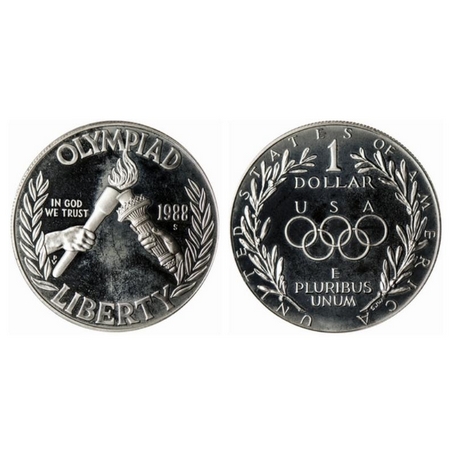 U.S.A., Silver, Proof (0.900 silver) Dollar, 26.73gm, 1988 S, Olympics, Obv: Olympic torch