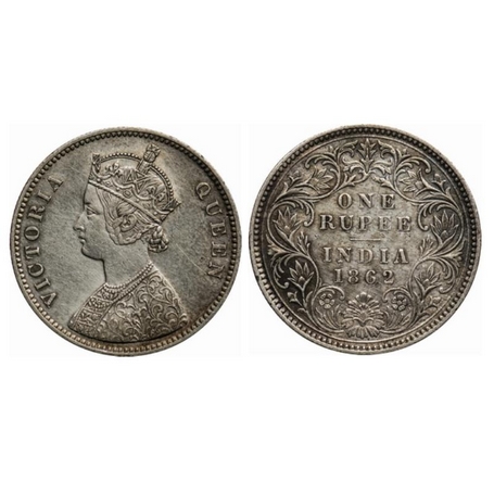 Victoria Queen, Silver, Rupee, 1862, Calcutta Mint, A/III, without initial 'J'. GK 254. Ab