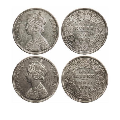 Victoria Queen, Silver, Rupee (2 Coins), 1862 Calcutta Mint, A/I, without initial 'J', Top