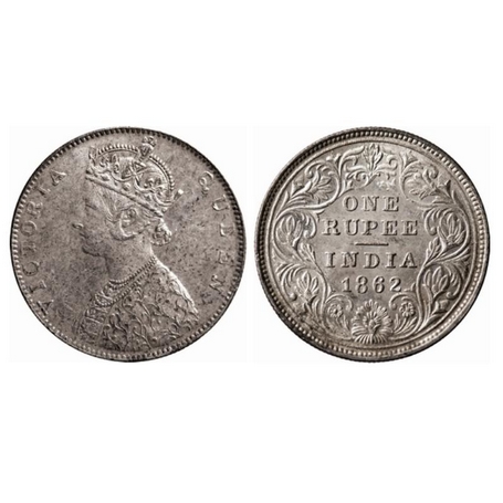 Victoria Queen, Silver, Rupee, 1862, Bombay Mint, D/II(iv), The Queens Jabot had 4 and 3/4