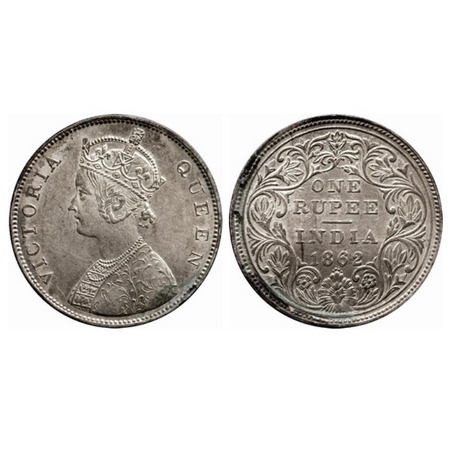 Victoria Queen, Silver, Rupee, 1862, Bombay Mint, B/II, 0/4 dots. GK 310. About Extremely 