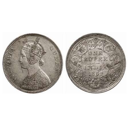 Victoria Queen, Silver, Rupee, 1862, Bombay Mint, A/II, 0/10 Dots, Ghost on Reverse, 'A' o