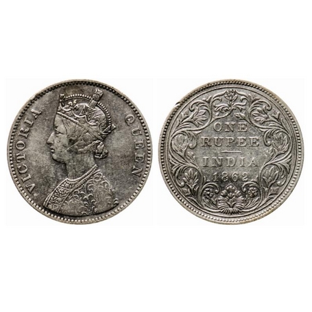 Victoria Queen, Silver, Rupee, 1862, Bombay Mint, A/II, 0/10 Dots. GK 338. About Very Fine