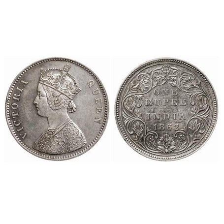 Victoria Queen, Silver, Rupee, 1862, Bombay Mint, A/II, 0/10 Dots. GK 338. Extremely Fine,