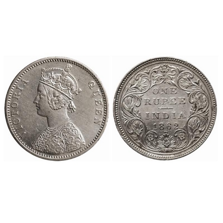 Victoria Queen, Silver, Rupee, 1862, Bombay Mint, A/II, 1/2 Dots, with initial 'J'. GK 357