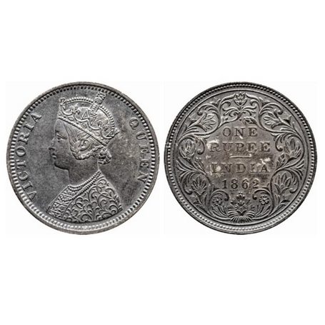 Victoria Queen, Silver, Rupee, 1862, Bombay Mint, C/II, 1/2 Dots. GK 360. Toned, Extremely