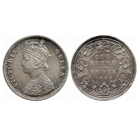 Victoria Queen, Silver, Rupee, 1862, Bombay Mint, C/II, 1/2 Dots, Slight Nick on the Rever