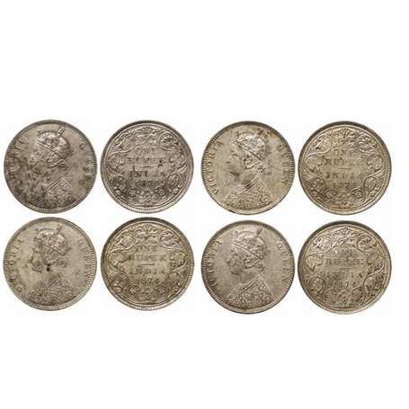 Victoria Queen, Silver, Rupee (4 Coins), 1874, Bombay Mint, A2/II no dot (3), A2/II broken