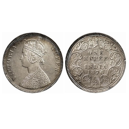 Victoria Queen, Silver, Rupee, 1876, Calcutta Mint, A1/I, No mint mark. GK 433. Almost Unc