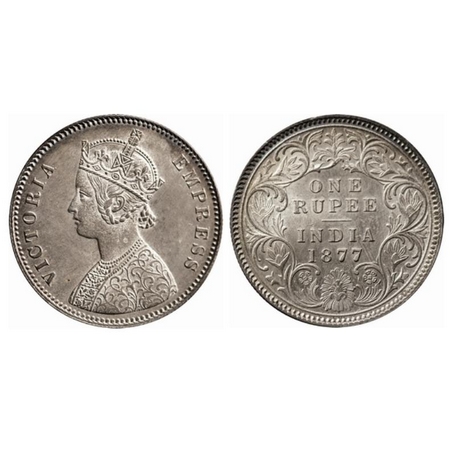 Victoria Empress, Silver, Rupee, 1877, Calcutta Mint, A1/I, No mint mark, Thick numeral 77