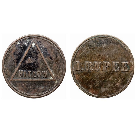 Tea Token, Copper, 7.76gm, Hitlow. Obv: Hitlow in triangle, Rev: 1 Rupee. F. Prid. Unliste