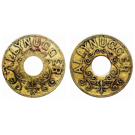 Tea Token, Brass, 6.37gm, Allynugger. Obv & Rev: Floral wreath decorating the central hole