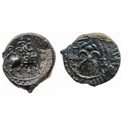 Vakatakas, Copper Base Alloy, 2.68gm, Vishnukundin type, Obv: Roaring lion facing to right