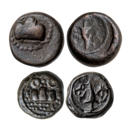 Thanjavur Nayaks, Copper Kasu (2 coins), 5.47gm, & 3.00gm, Obv: Three peaked hill with sun