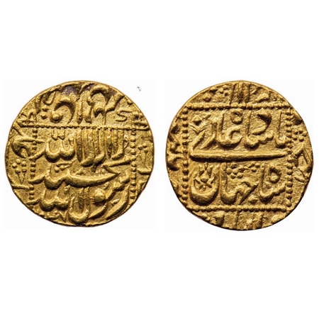 Shah Jahan I, Gold Mohur, 10.95gm, Burhanpur Mint, AH 1047, Mint name on rev. left margin,