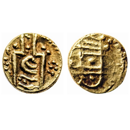 Gingee Maratha, Gold Fanam, 0.35gm, Obv: Stylised figure of Kali, Rev: Crude nagari legend