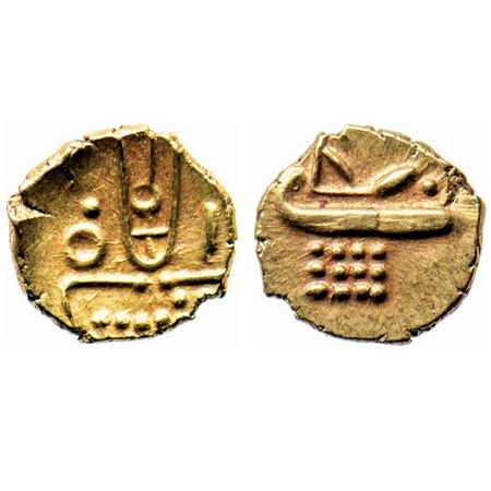 Tanjore Maratha, Gold Fanam, 0.42gm, Venkaji, Obv: Stylised lion, nagari letter 'Ve' in la
