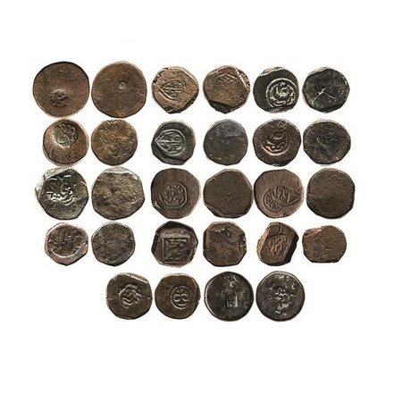 Bhopal, Copper, Paisa (14 Coins), Anonymous Hammered Coinage, Uniface, 1) Obv Bhopal, 2) O
