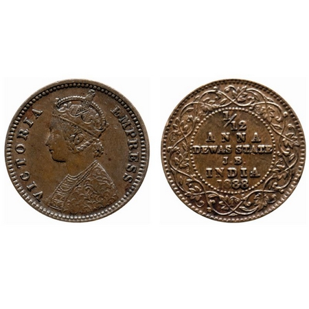 Dewas Junior, Copper 1/12 Anna, Narayan Rao (c. 1864-1892 AD), Crowned bust of Victoria on