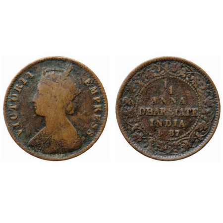 Dhar, Copper ¼ Anna, Anand Rao III (1860-1898 AD), 1887 AD, bust of Victoria Empress on ob