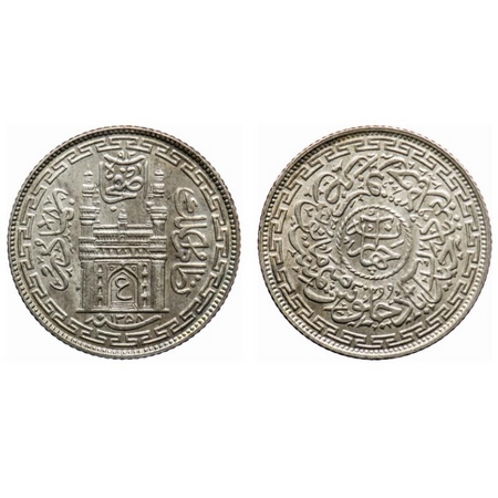 Hyderabad, Silver ¼ Rupee, 2.82gm, Mir Usman Ali Khan, Farkhanda Bunyad Hyderabad Mint, AH