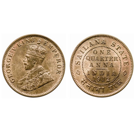 Sailana, Copper 1/4 Anna, 4.90gm, Jaswant Singh (1890-1919 AD), 1912 AD, bust of George V 