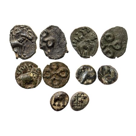 Satavahanas, A lot 5 coins, Sri Satakarni, Sri Pulumavi and Sri Yajna Satakarni, Potin Uni