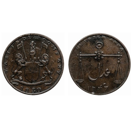 Bombay Presidency, Copper Quarter Anna, 1830 / 1246. F. Prid 205. Very Fine, Scarce.