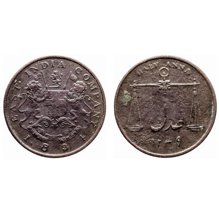 Bombay Presidency, Copper, Half Anna, 12.62gm, (1834AD / 1249AH), Obv: Arms of East India 